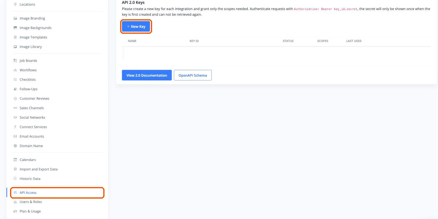 The MotorDesk API Access page, with API Access in the menu on the left and the New Key button at the top