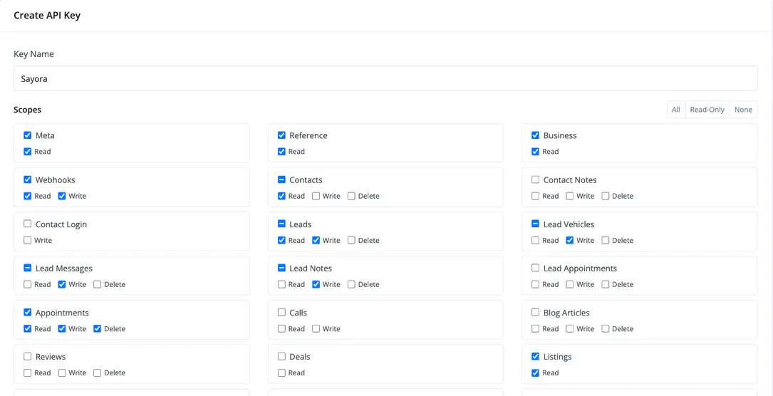 The Create API Key form with the name Sayora and the scopes for every Sayora feature ticked