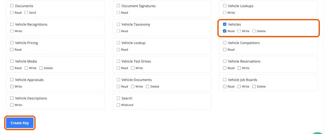 The bottom of the form: Vehicles with Read ticked, and the Create Key button