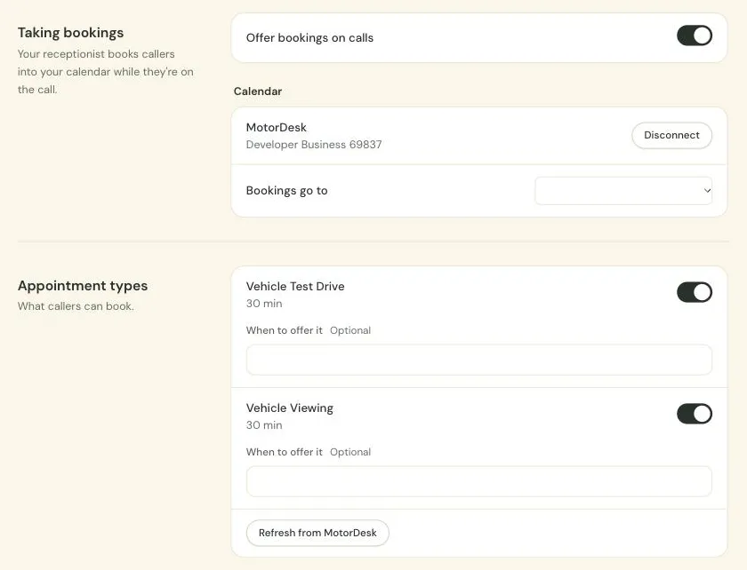 The Bookings screen with MotorDesk connected: where you choose who bookings go to, and the appointment types callers can book