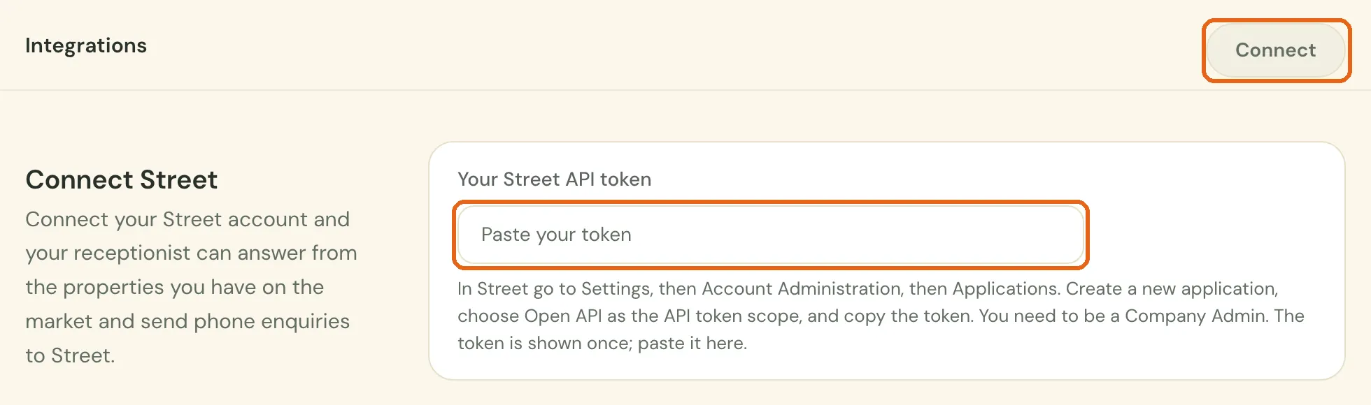 The Connect Street form in Sayora, with the token field and the Connect button