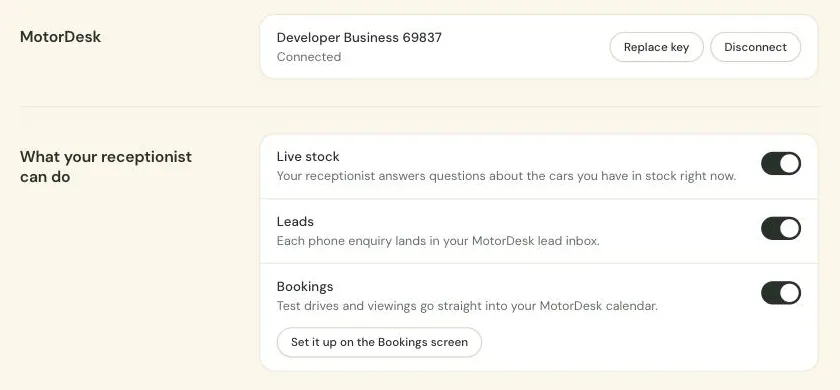 Integrations once MotorDesk is connected: Live stock, Leads and Bookings, each with its own switch