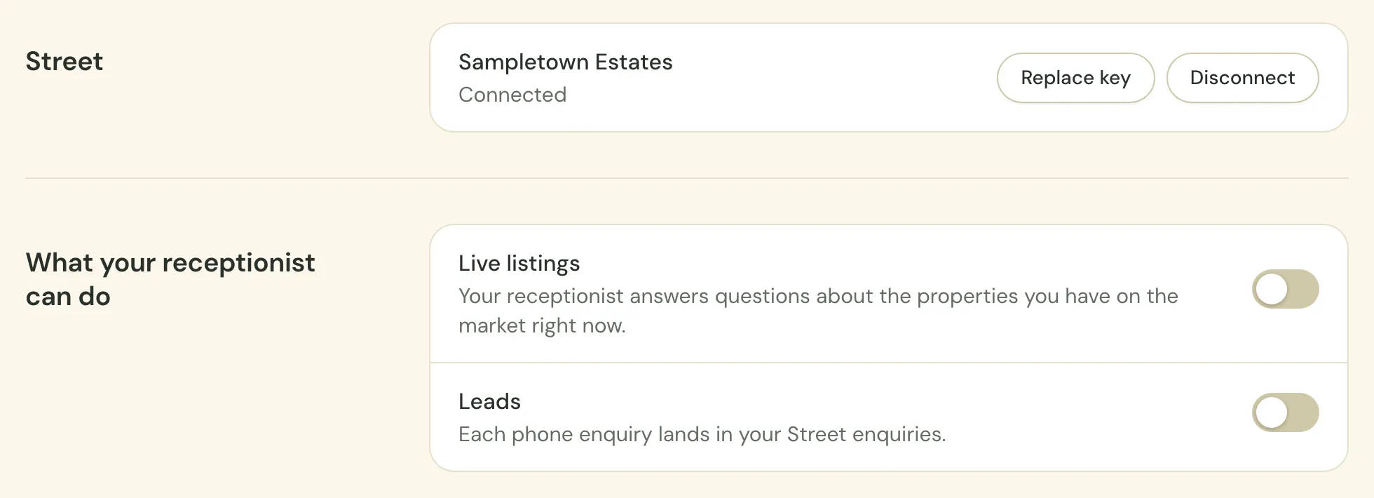 Integrations once Street is connected: your agency’s name with Replace key and Disconnect, then the Live listings and Leads switches, both off