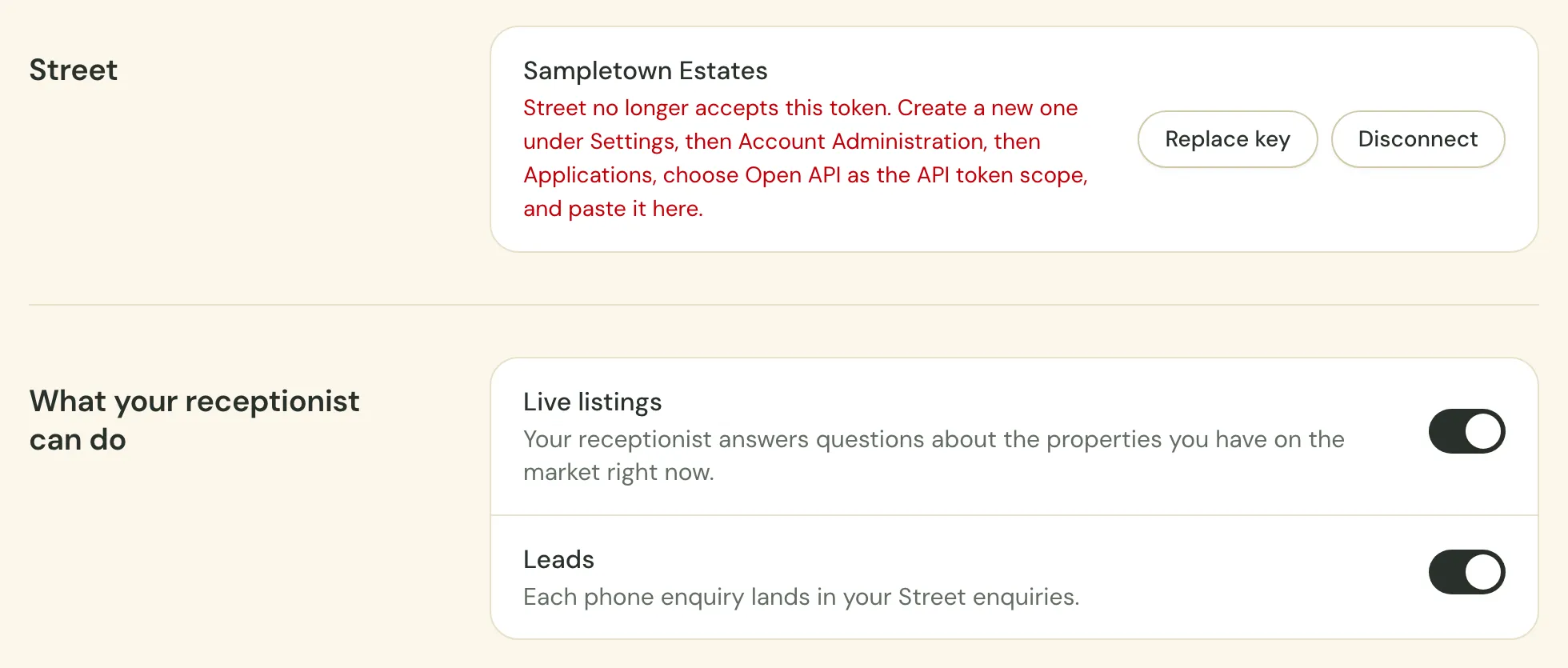 The Integrations screen when Street no longer accepts the token: the message under your agency’s name tells you to create a new token