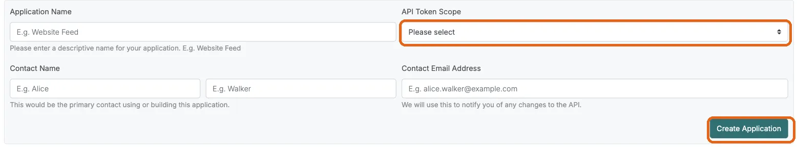 Street’s form for a new application: API Token Scope and the Create Application button